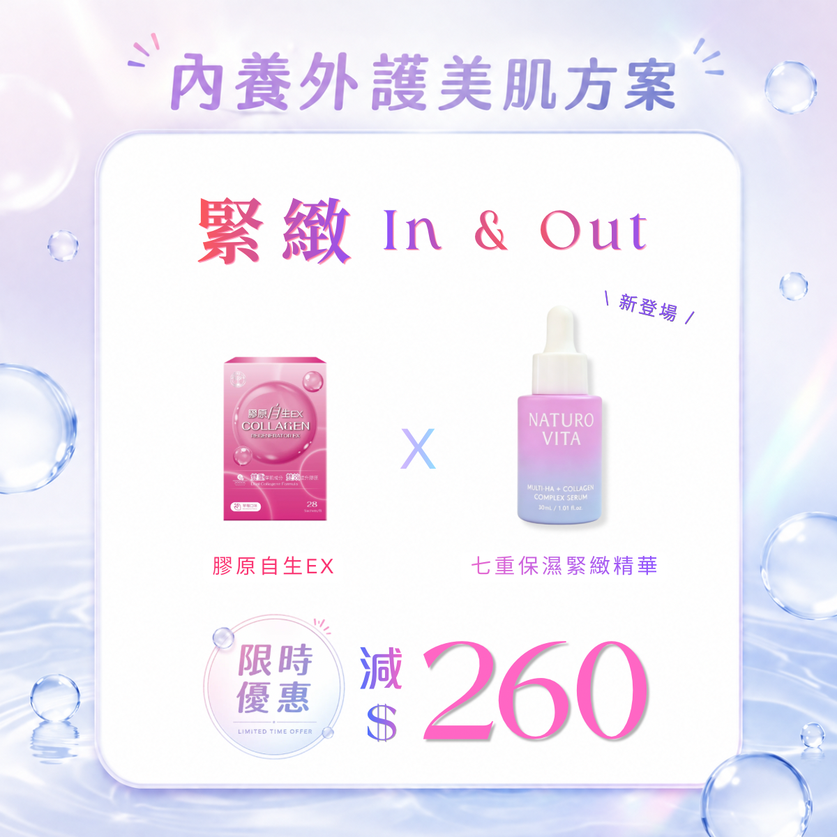 【緊緻 In & Out | 基礎美肌套裝】 膠原自生EX28條x1盒+七重保濕緊緻精華30mlx1樽
