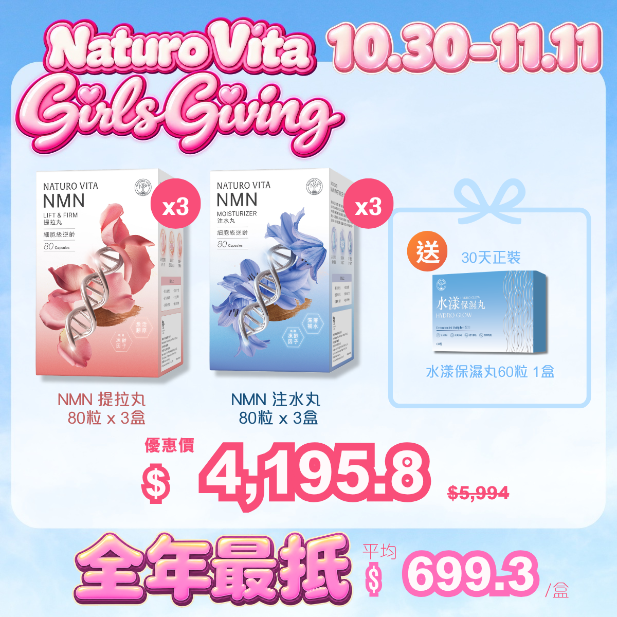 【平均每盒$699.3】NMN提拉丸 80粒 x 3盒 + NMN注水丸 80粒 x 3盒 送 水漾保濕丸60粒