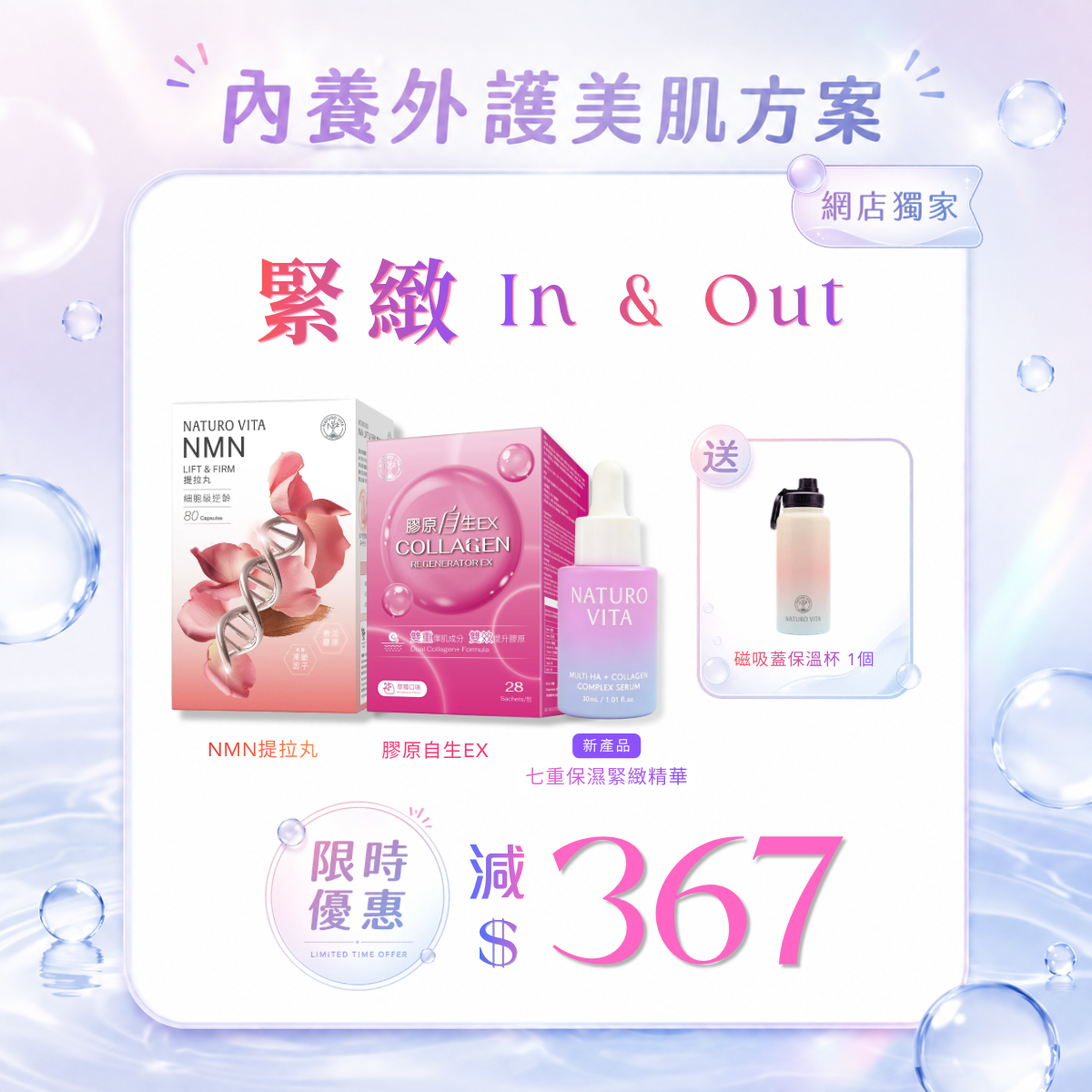 【緊緻 In & Out | 逆齡美肌套裝 】NMN提拉丸80粒x1盒+膠原自生EX28條x1盒+七重保濕緊緻精華 30mlx1樽